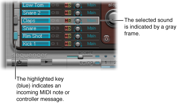 Figure. Assignment section, showing a selected sound and a triggered sound.