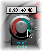 Figure. Cutoff knob, showing adjustment to via menu parameter value.