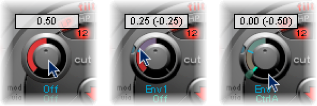 Figure. Cutoff knob, showing three different values for the via range.