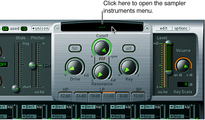 Figure. Sampler Instruments pop-up menu, open, showing menu items.