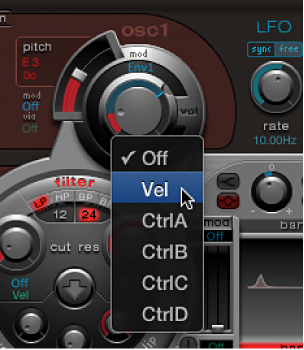 Figure. Oscillator 1 via modulation adjustment and pop-up menu.