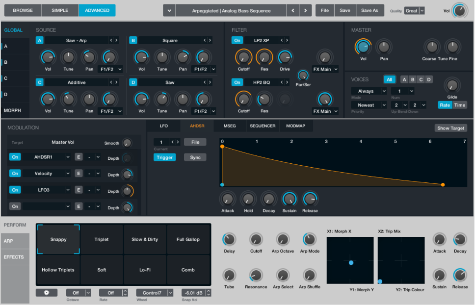 Figure. Advanced view, showing Name bar, source, modulation, and Perform sections.