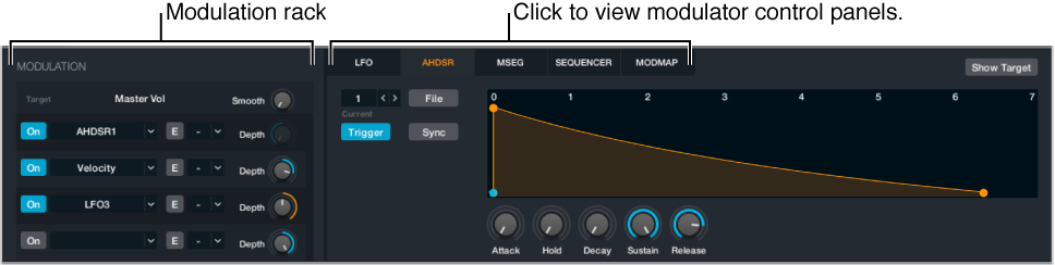 Figure. Modulation section, showing modulation rack, modulator control panel buttons, and AHDSR control panel.