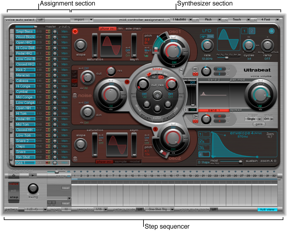 Figure. Ultrabeat window, showing main interface areas.