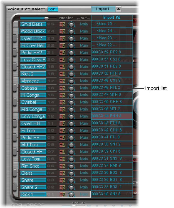 Figure. List of sounds in Assignment section and import list.