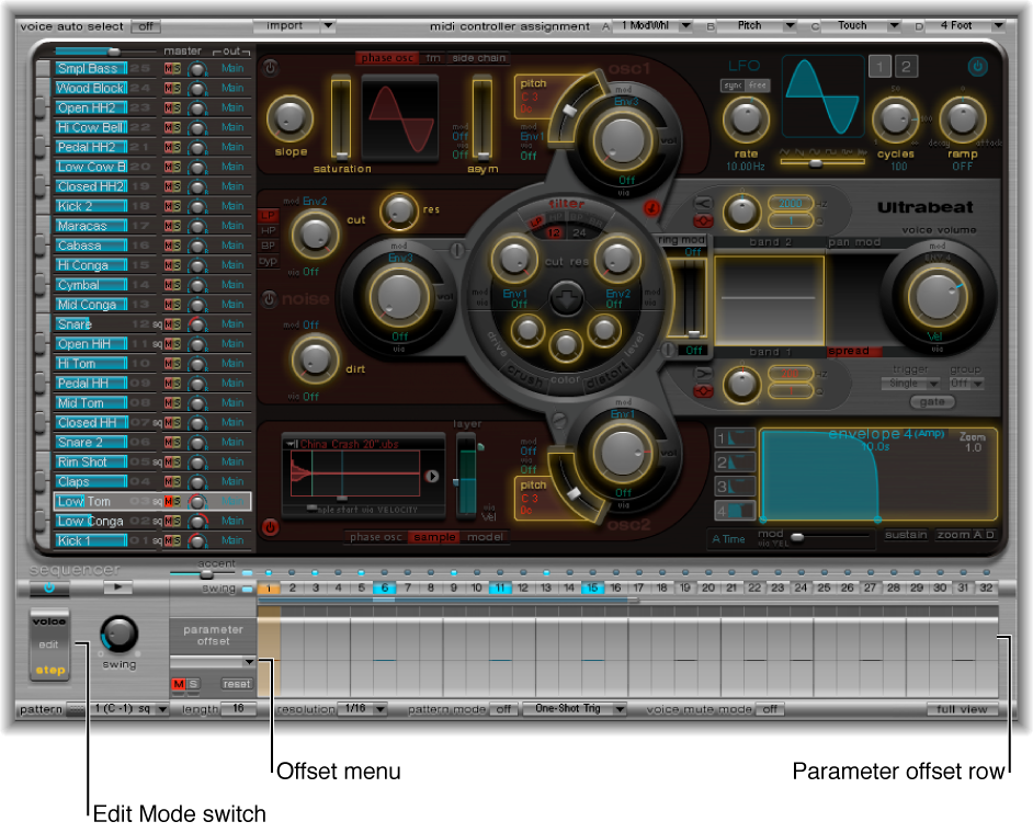 Figure. Step automation mode, showing all parameters that can be automated, and parameter offset row.