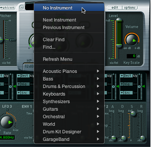 Figure. Sampler Intruments pop-up menu.