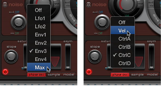 Figure. Oscillator 2 saturaion mod and via pop-up menus.