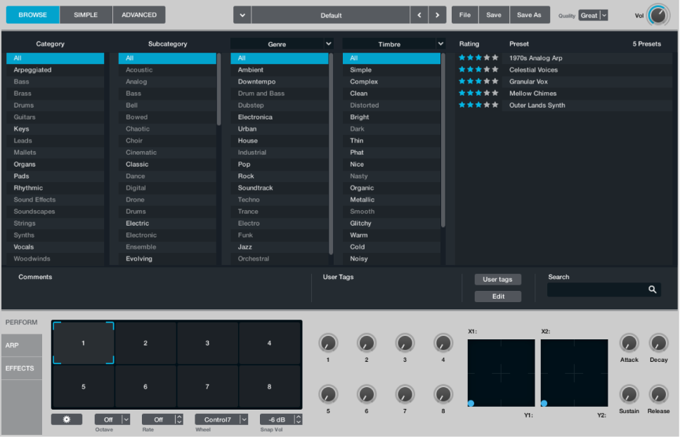 Figure. Browse view, showing Name bar, browser results list and Perform section.