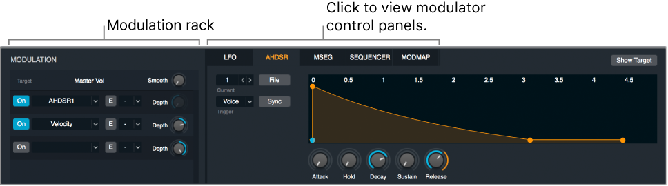 Figure. Modulation section, showing modulation rack, modulator control panel buttons, and AHDSR control panel.