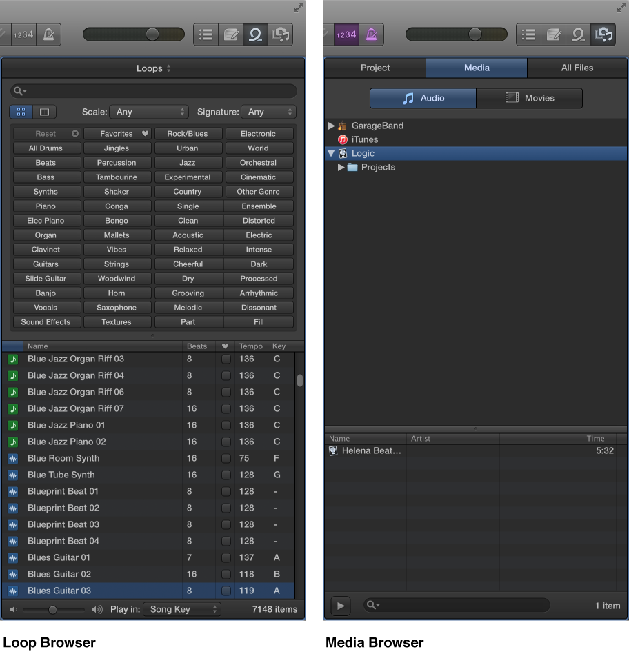 Figure. Loop Browser and Media Browser.