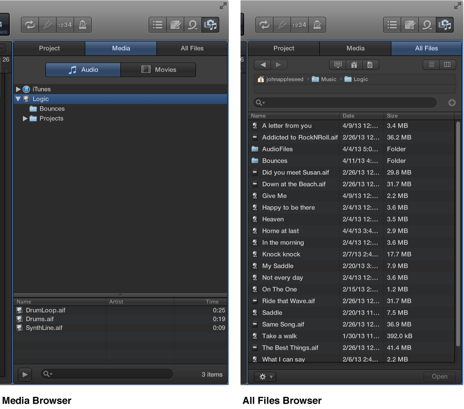 Figure. Media files in the Media Browser and All Files Browser.