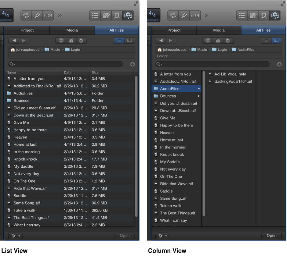 Figure. List view and Column view in the All Files Browser.
