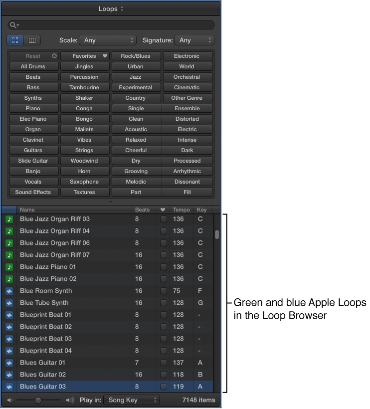 Figure. Loop Browser showing green and blue Apple Loops.