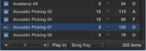 Figure. Volume slider and "Play in" pop-up menu in the Loop Browser.