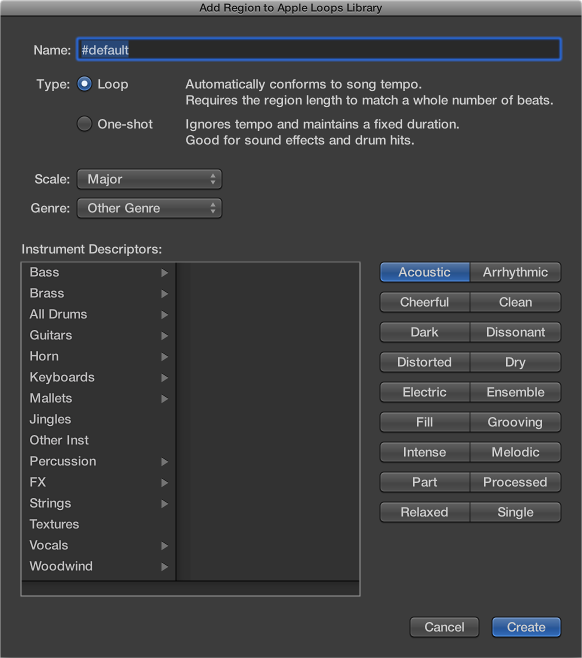 Figure. Add Region to Apple Loops Library dialog.