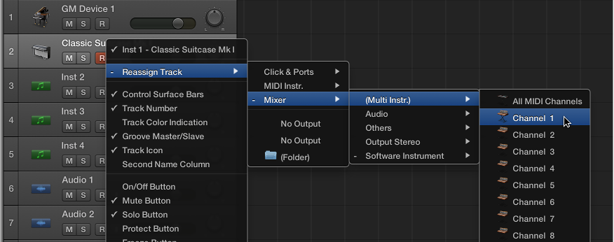 Figure. Browsing to the mapped instrument in the Reassign Track shortcut menu in the Tracks area.