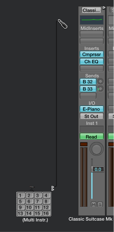 Figure. Cabling the mapped instrument to the software instrument channel strip in the Environment window.