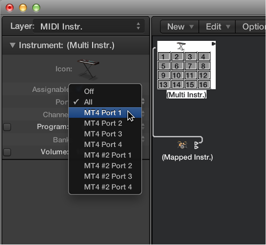 Figure. Port pop-up menu in the Object inspector showing MIDI output options.
