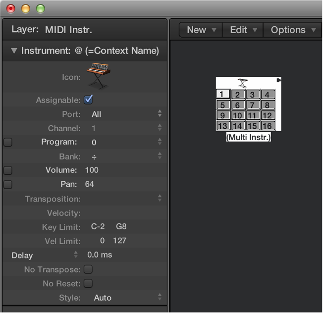 Figure. Environment window showing a multi-instrument object and its inspector.