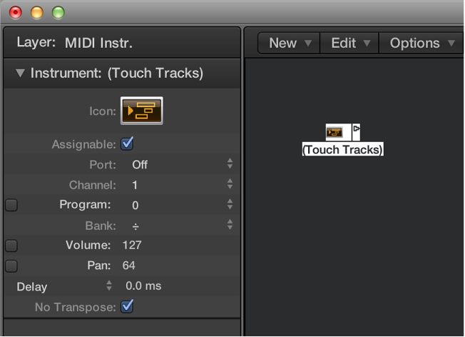 Figure. Environment window showing a touch tracks object and its inspector.