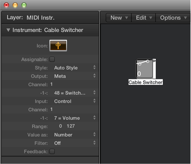 Figure. Environment window showing a cable switcher object and its inspector.