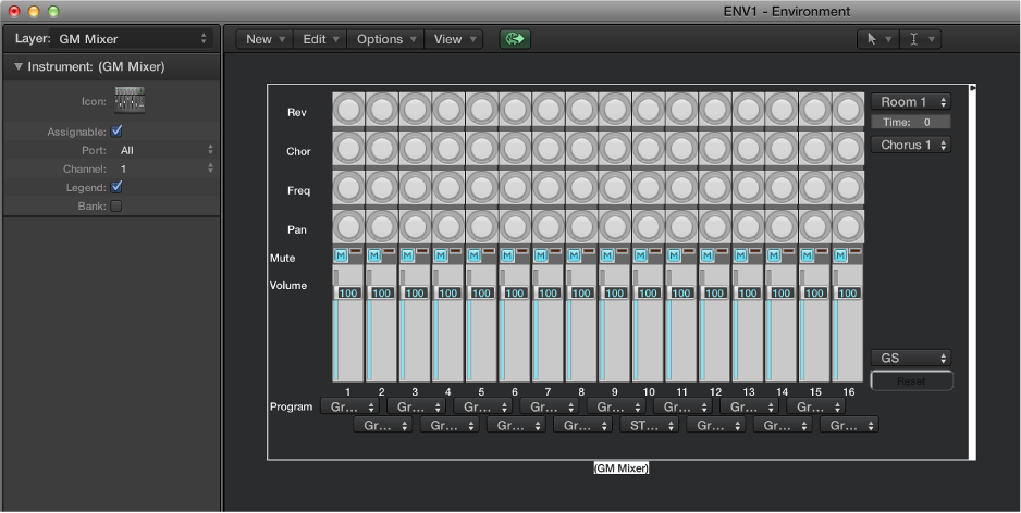 Figure. Environment window showing a GM mixer object and its inspector.