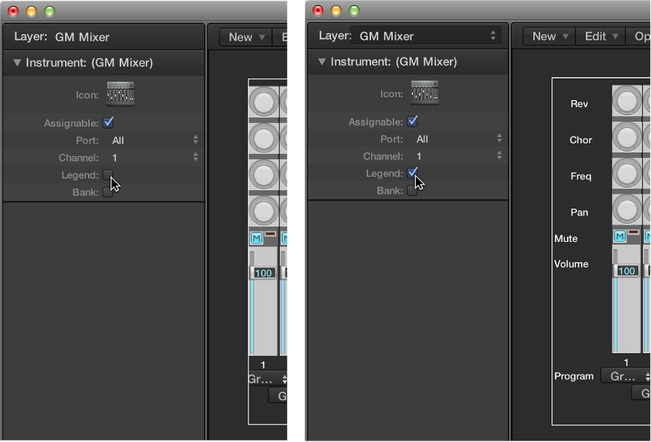 Figure. Showing the GM mixer Legend checkbox on and off.