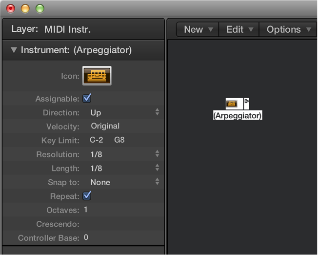 Figure. Environment window showing an arpeggiator object and its inspector.