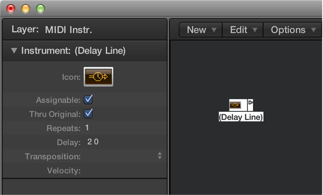 Figure. Environment window showing a delay line object and its inspector.