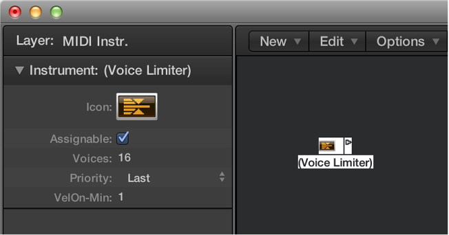Figure. Environment window showing a voice limiter object and its inspector.