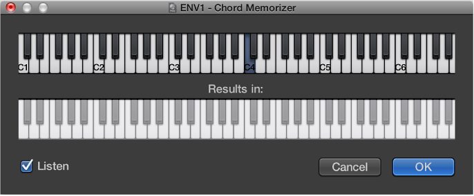 Figure. Chord Memorizer window showing Listen checkbox selected.
