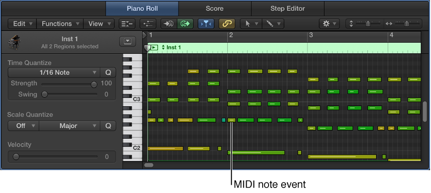 Figure. Piano Roll Editor, pointing out MIDI note event.