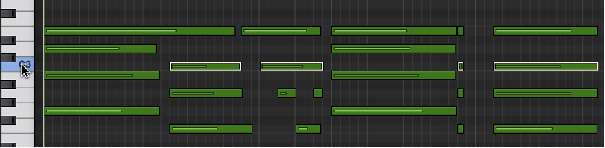 Figure. Selecting notes of same pitch by clicking on keyboard at left edge of Piano Roll Editor.