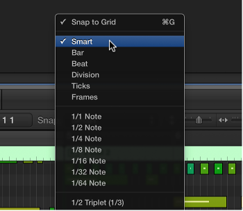 Figure. Snap pop-up menu in the Piano Roll Editor menu bar.