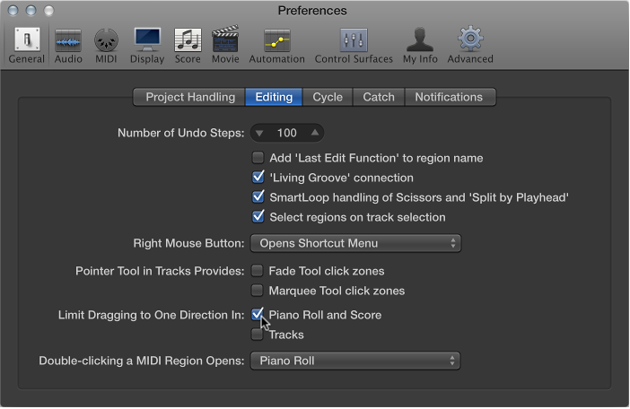 Figure. General Editing preferences indicating options to limit note movement dragging.