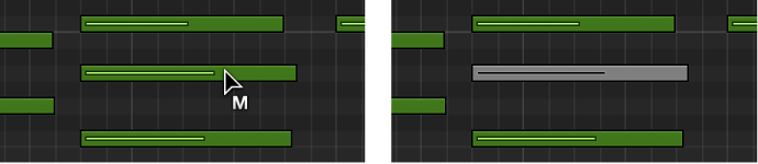 Figure. Piano Roll Editor showing note being muted with the Mute tool.