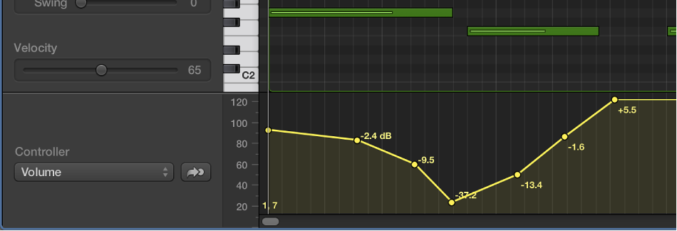 Figure. MIDI Draw area at bottom of Piano Roll Editor.
