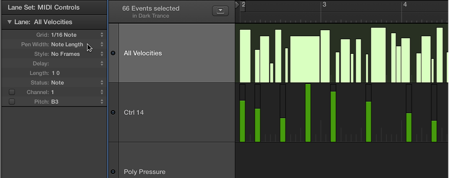 Figure. Showing Note Length chosen in Pen Width pop-up menu.