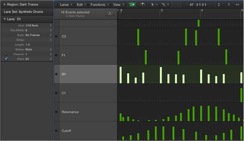 Figure. Step Editor showing note event lanes controlling single note pitches.
