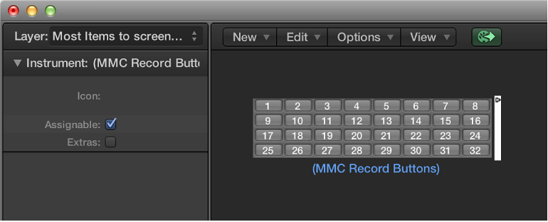 Figure. Environment window showing an MMC record buttons object and its inspector.