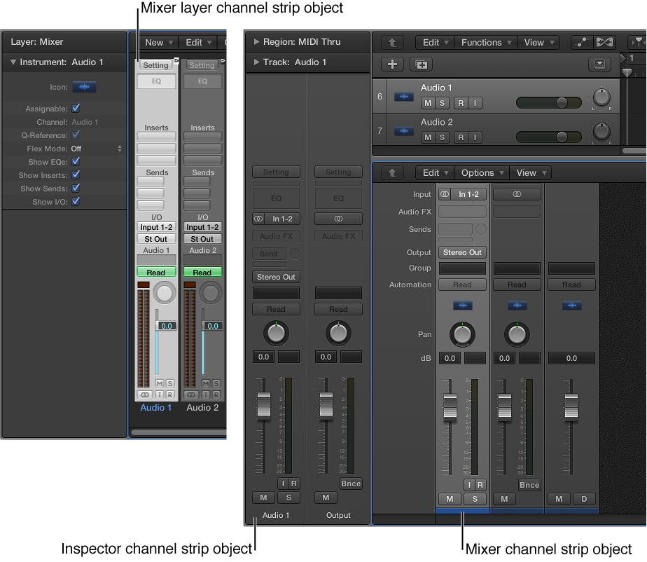 Figure. Showing channel strip objects in the Environment's Mixer layer and in the main window's Mixer and inspector.