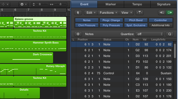 Figure. Event List tab showing all events in selected MIDI region.