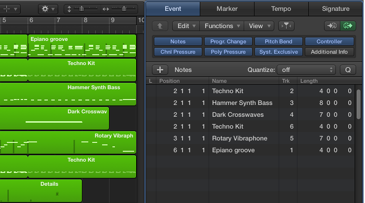 Figure. Event List tab showing all regions in Arrange window.