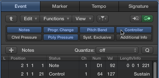 Figure. Event List tab showing event type buttons.