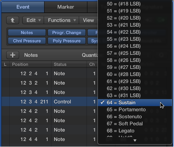 Figure. Event List pane showing MIDI controller type pop-up menu.
