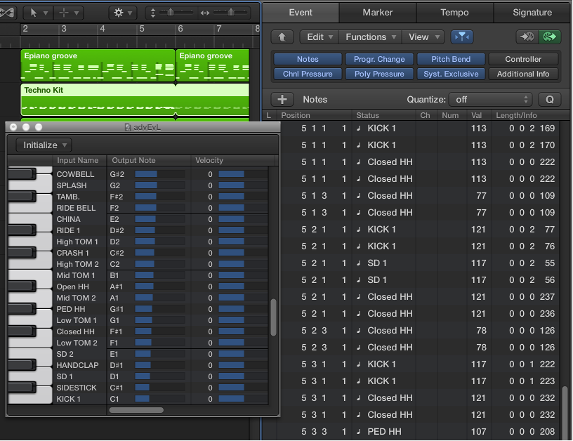 Figure. Mapped Instrument window showing mapped instrument note names in Event List.