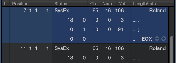 Figure. Event List showing sysex events.