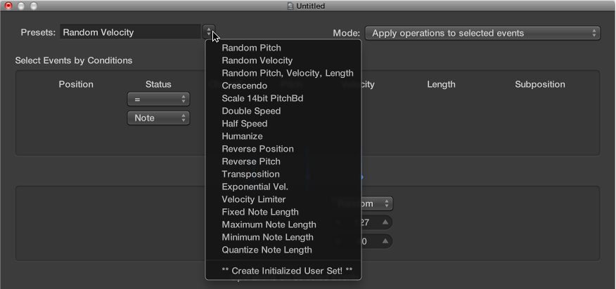 Figure. Transform window showing the Presets menu.