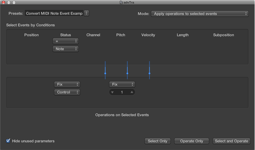 Figure. Transform window showing settings for converting MIDI note events to MIDI controller 1 events.